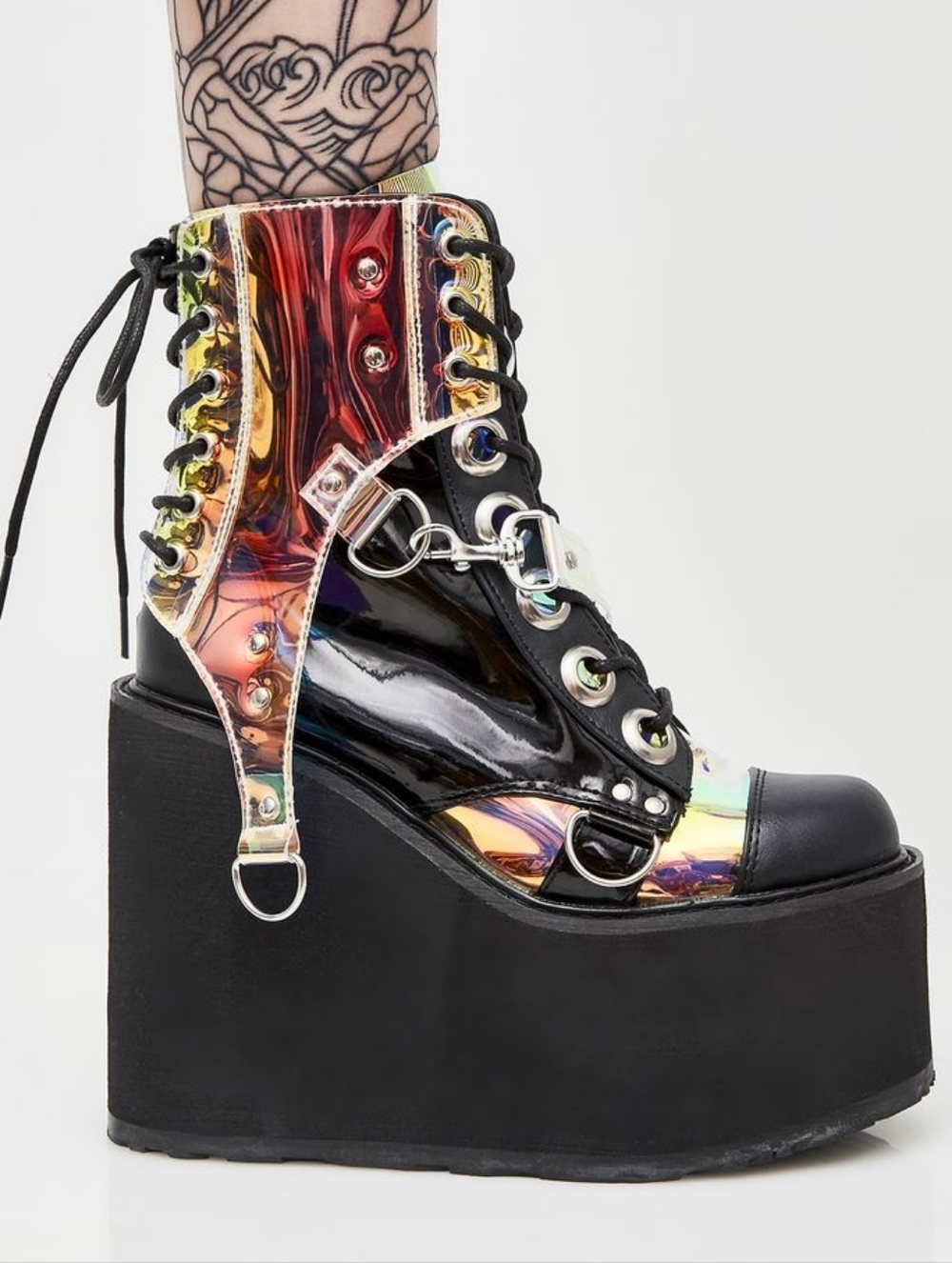 Demonia Black Platform Boot with Iridescent Panels